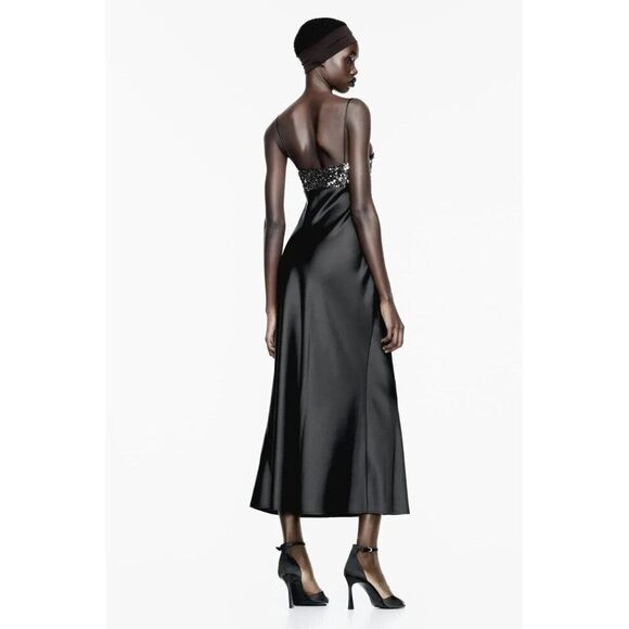 Zara Womens Slip Midi Dress Size XS Black Contrast Sequin Top 8741/269 NWT - Picture 3 of 16